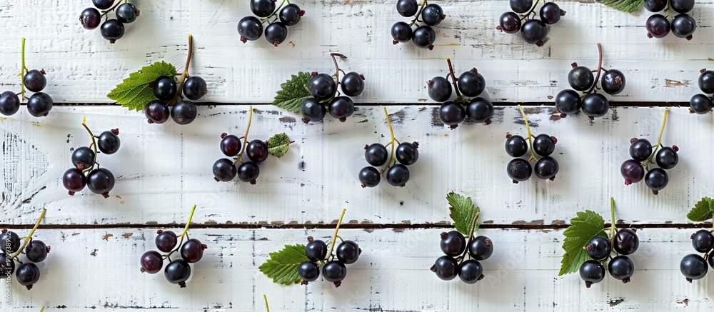 Aufkleber Fresh blackcurrants arranged in rows on a white wooden backdrop creating a natural pattern with copy space image for a summer themed and healthy food concept
