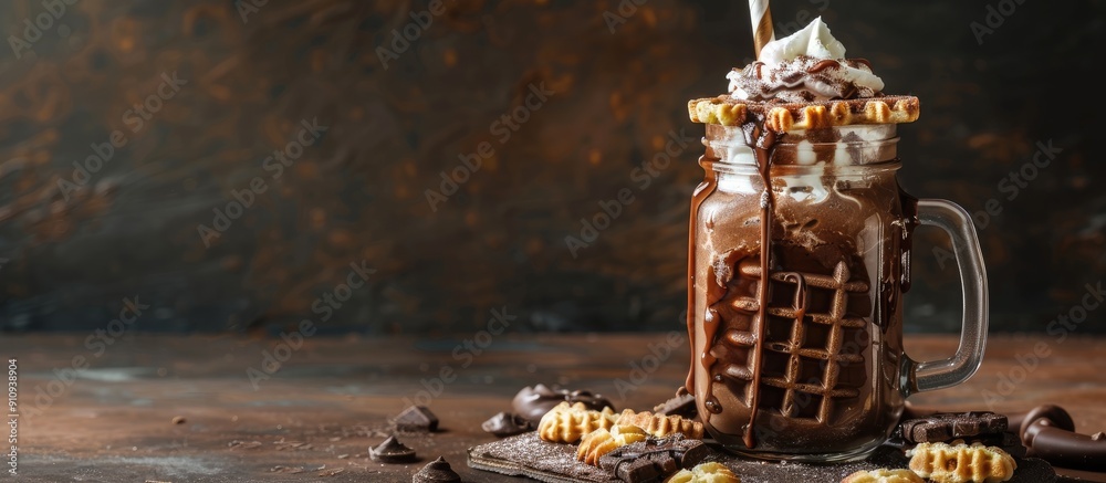 Poster Indulgent chocolate milkshake topped with whipped cream cookies and waffles in a mason jar Sweetly extravagant treat with a unique presentation featuring a copy space image