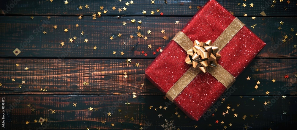 Poster a top view of a red gift box with a gold bow on a wooden table perfect for christmas and new year s 