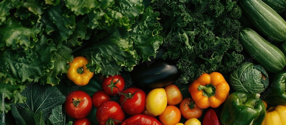 Poster viewed from above a background of vegetables offers copy space with no people in sight
