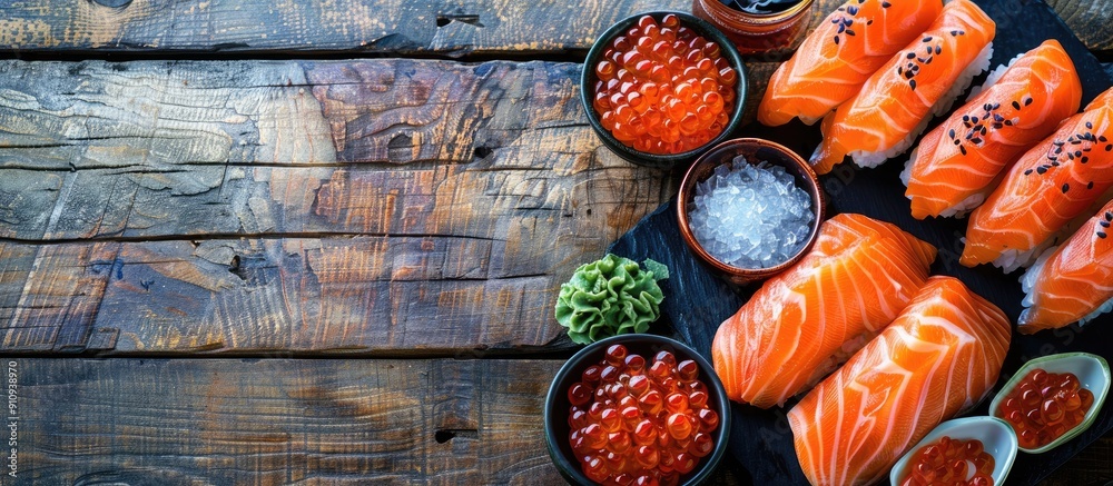 Poster salmon don sashimi raw salmon roe and wasabi arranged on a wooden table with a clear area for text o
