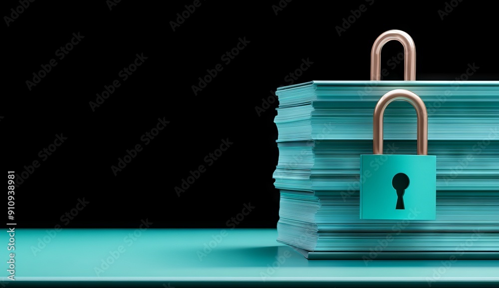 Poster a stack of documents with padlock symbolizing strength through information security