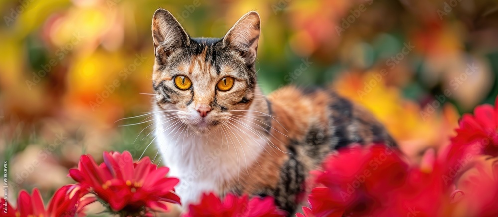 Poster a stunning cat with three colors and yellow eyes sitting near vibrant red autumn flowers in the park