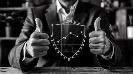 Businessman holds a virtual shield with a thumbsup icon in one hand and a virtual graph icon with the other minimalistic drawing drawing without light