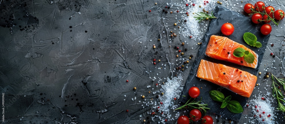 Aufkleber salmon fish and spices on a stone background perfect for a healthy food concept with available copy 