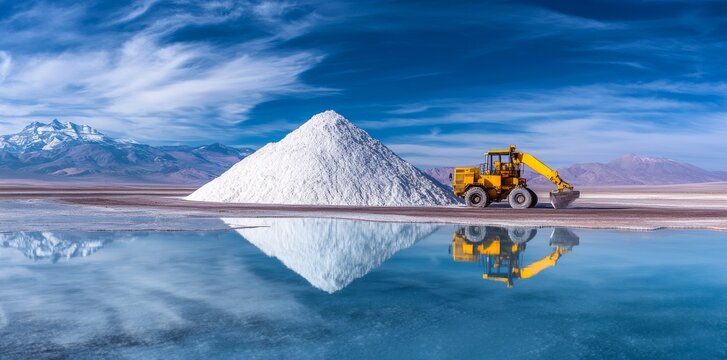 South America's Atacama Desert features a vivid white salt lake surrounded by lithium mining equipment and machinery.