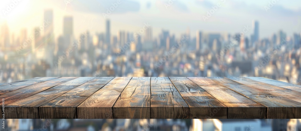 Fototapete Wooden table with cityscape view in the background offering space for displaying products or objects in an advertisement concept is a copy space image