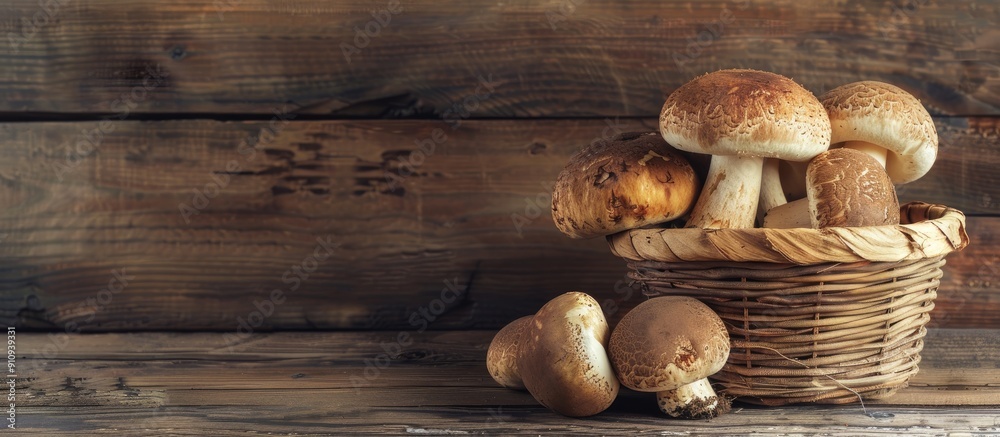 Poster A wooden backdrop showcases fresh boletus mushrooms offering ample copy space for customization in the image