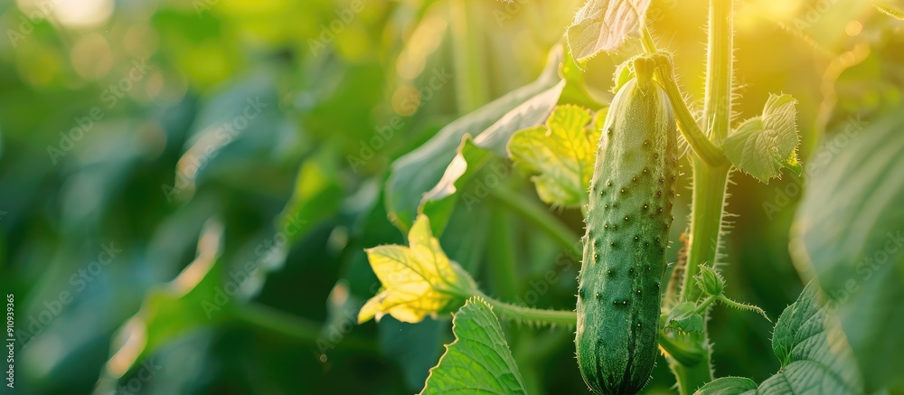 Poster A young cucumber thrives in the greenhouse with a background perfect for adding text or graphics copy space image