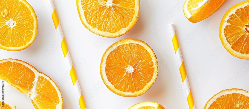 Poster copy space image of straw inserted in sliced orange fruit on a white backdrop