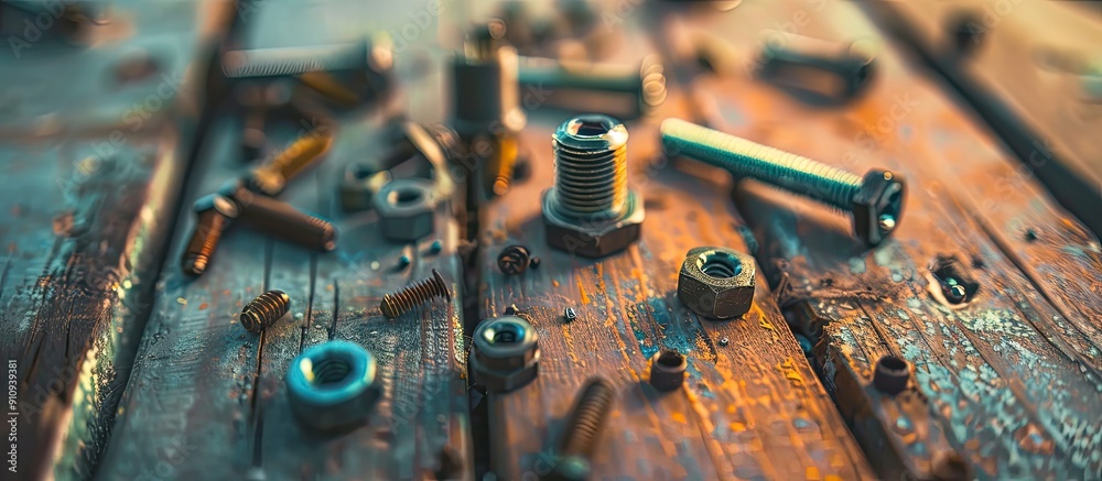Poster An image showing screws and small bolts on a table with copy space image
