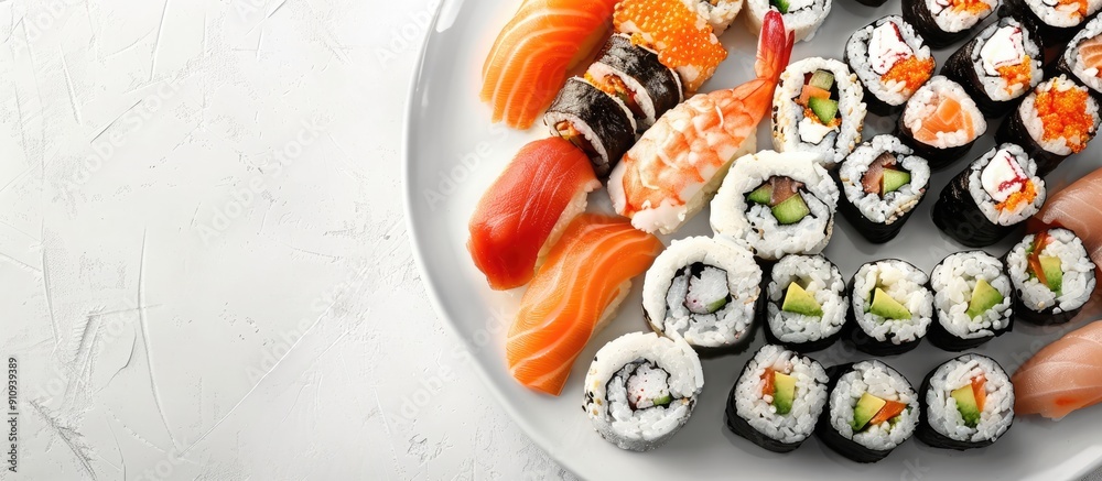 Poster Various versions of sushi rolls displayed on a large plate against a white backdrop for a sushi bar menu design with a copy space image showcasing traditional Japanese cuisine