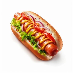 A hot dog topped with condiments, depicted in a realistic drawing with bold colors, isolated on a white background.