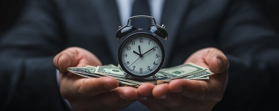 Businessman show   icon of clock and money - Powered by Adobe