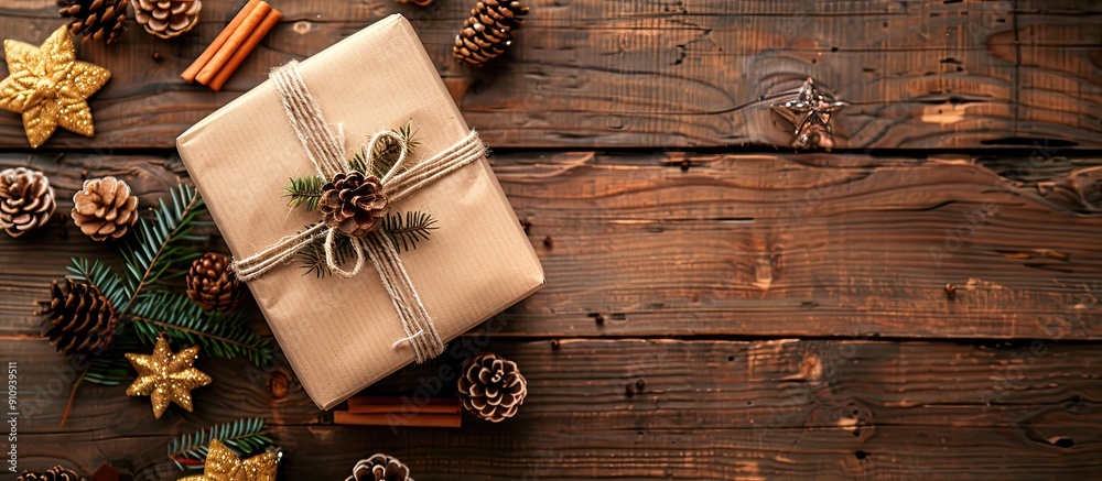Poster gift box held in a top view perspective against a wooden background featuring decoration and a spaci