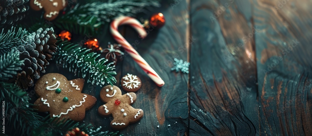 Leinwandbilder festive christmas scene with gingerbread cookies candy cane and fir tree on a rustic wooden table mo