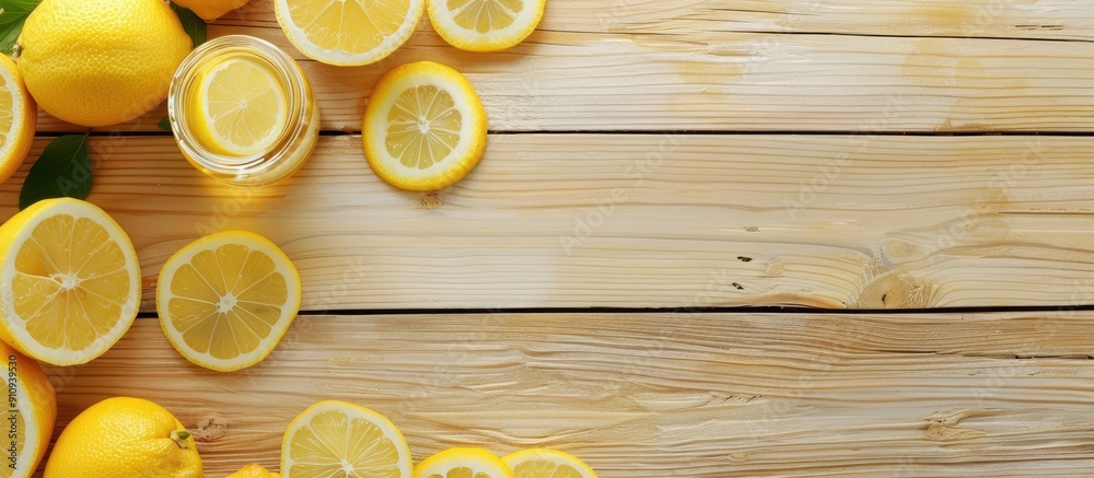 Poster wooden background with fresh lemonade composition featuring copy space image