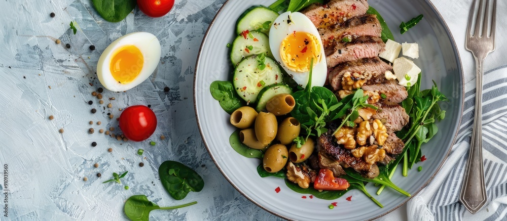 Aufkleber top view of a keto brunch with a boiled egg pork steak olives cucumber spinach brie cheese nuts and 