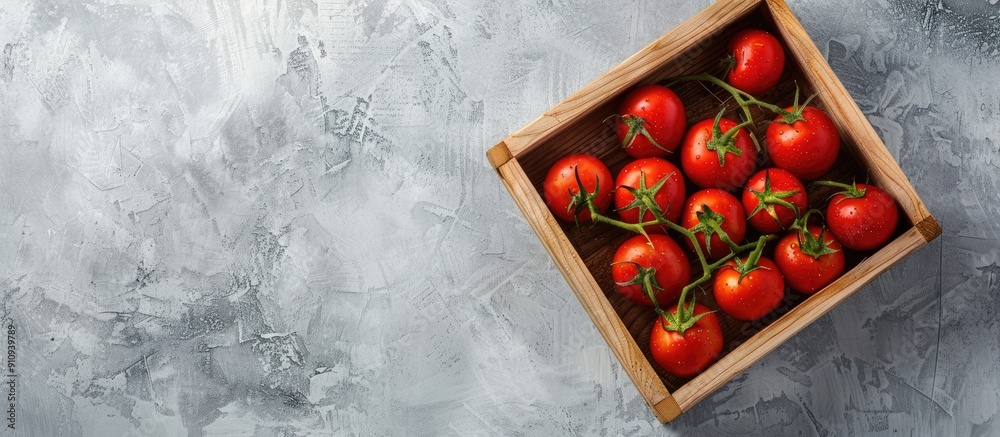 Poster Wooden box filled with vibrant red tomatoes on a light backdrop highlighting eco friendly theme and shot from above for copy space image