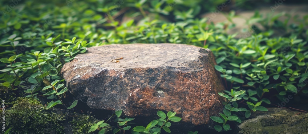 Aufkleber natural textured background featuring a brown grey granite stone amidst green groundcover with a ret