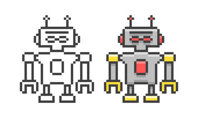 Pixel art cute robot in retro style. Vector illustration