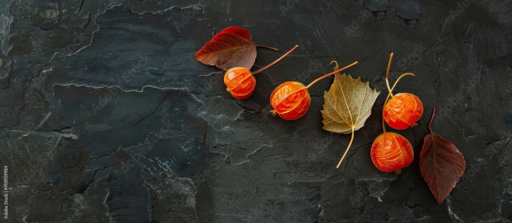 Poster free copy space image of physalis winter cherry on a sleek black stone table viewed from above