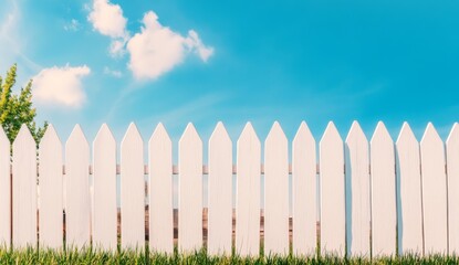 A white fence made of vertical slats is set against the blue sky