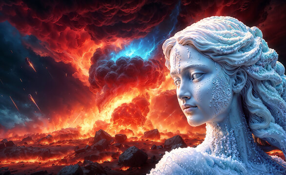 High detailed art illustration biblical theme. Lot's wife turned into a pillar of salt. Sodom and Gomorrah bible story. Religious concept.