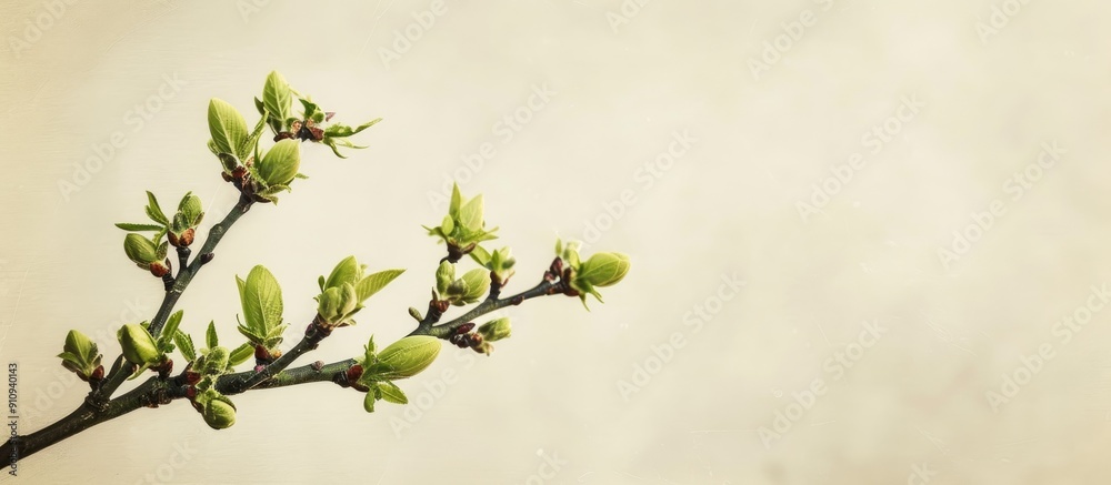 Fototapete Image of a tree branch in spring with fresh green buds against a simple background with ample copy space rendered in a warm and vintage style with a hint of film grain