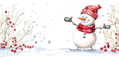 Christmas card with cute snowman in red hat and scarf on white background.
