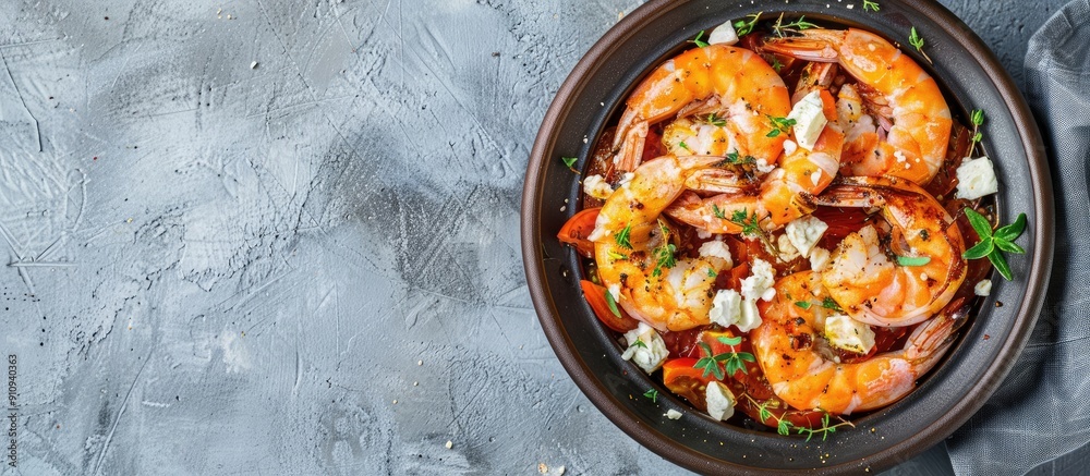 Poster top view of greek prawns shrimp saganaki with feta tomato paprika and thyme on a gray background wit