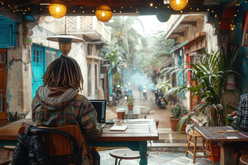 Naklejka premium A person with dreadlocks is working on a laptop in a cozy, well-decorated café with lanterns and lush plants, overlooking a narrow vibrant street scene outside.