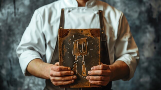 Chef holds a virtual shield with a spatula icon in one hand and a virtual cookbook icon with the other minimalistic drawing drawing without light