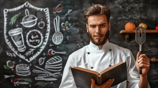Chef holds a virtual shield with a spatula icon in one hand and a virtual cookbook icon with the other minimalistic drawing drawing without light
