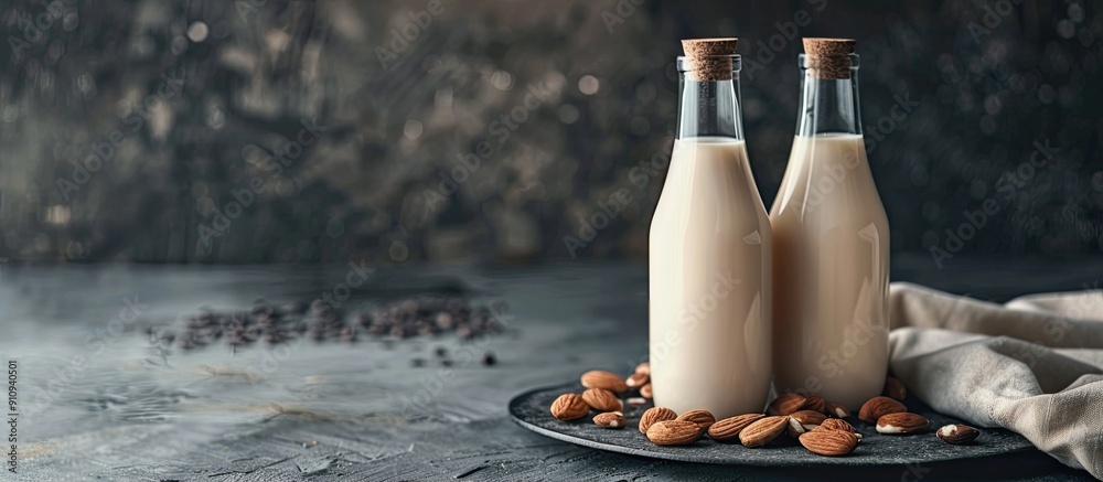Poster two almond milk bottles with nuts on a dark table lactose and sugar free perfect for vegetarians ide