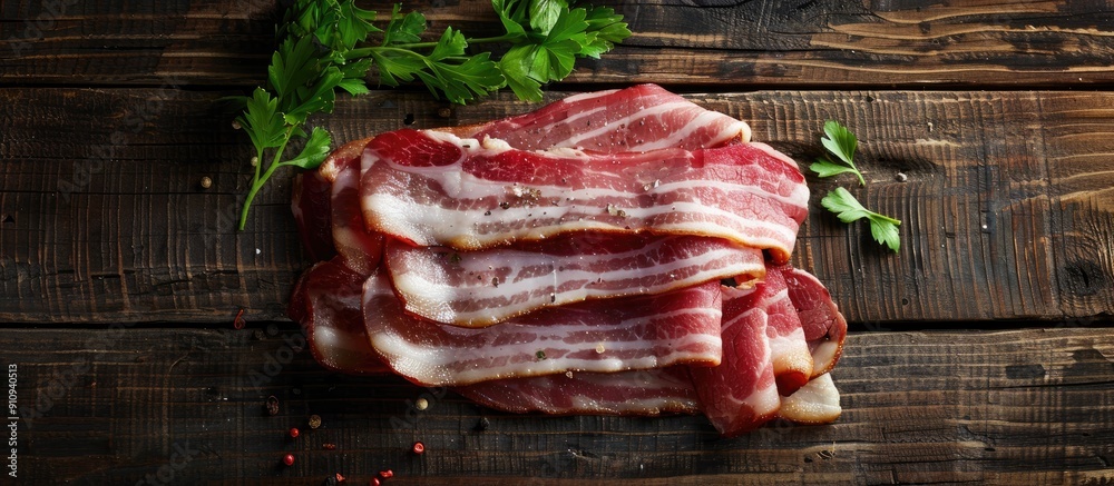 Aufkleber Fresh bacon strips displayed on a rustic table with a top view creating a mouth watering copy space image for a delicious snack