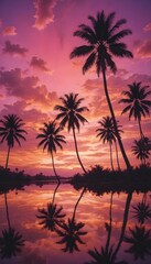 palm trees in the tropics with pink sunset sky and soft fluffy clouds