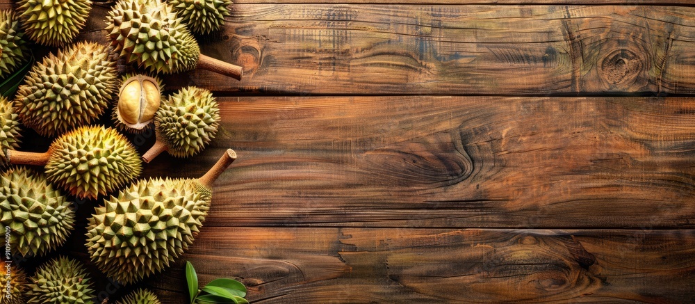 Poster Wooden background with ripe durians ideal for a banner design with copy space image