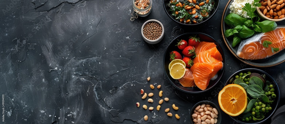 Poster Nutritious meal plan displayed on a dark gray backdrop Overhead view with space for text or image insertion. Creative banner. Copyspace image