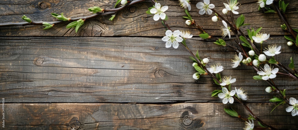 Poster Minimalistic top down view of a willow tree branch with blooming flowers on a rustic wooden surface providing ample space for images or text