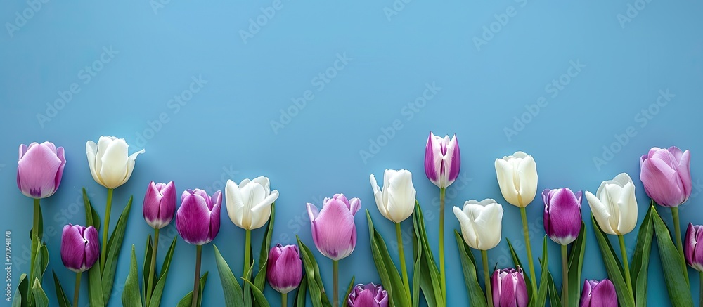 Poster violet and white tulips arranged on a blue backdrop in classic blue color copy space image