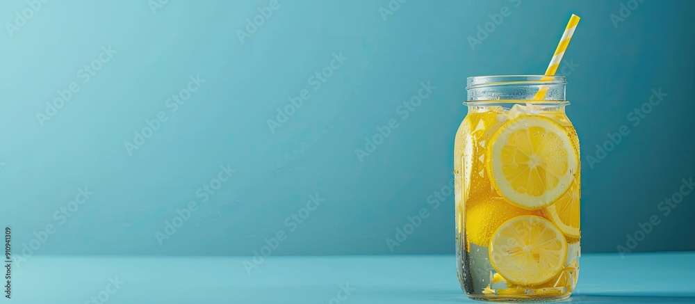 Poster Homemade lemonade in a transparent jar with a yellow drink and a straw set against a blue background offering plenty of copy space image