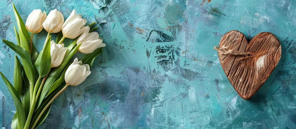 Poster a serene lifestyle composition for a holiday featuring white and green tulips arranged next to a woo