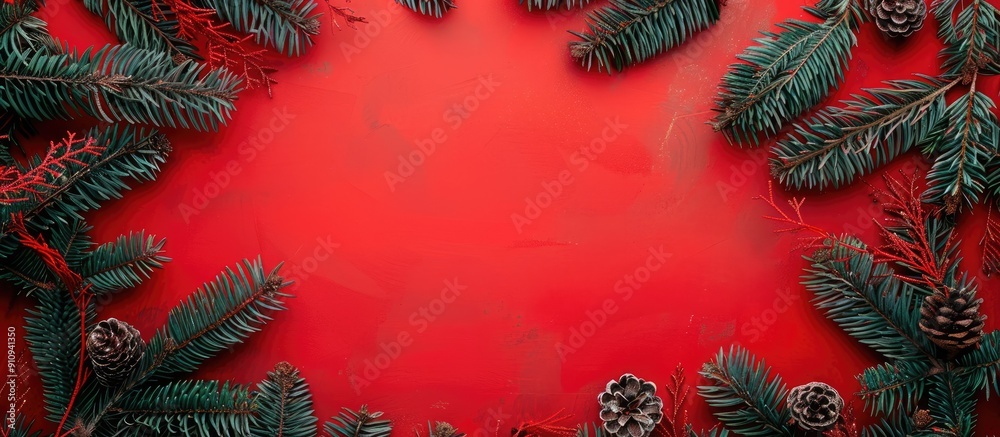 Leinwandbilder a festive christmas scene with tree branches creating a frame against a red background ideal for hol