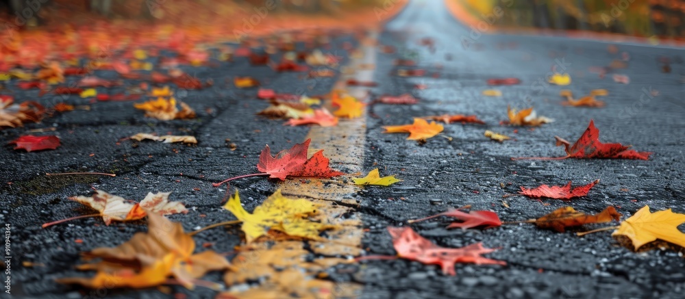 Aufkleber fall foliage scattered on the road with a copy space image