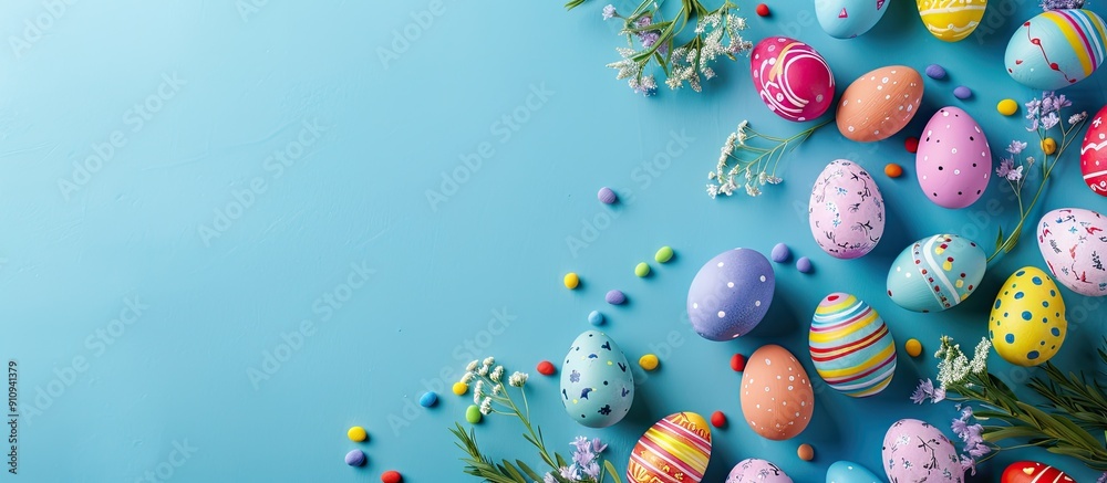 Poster flat lay view of easter decorations creating a colorful happy easter holiday background with copy sp