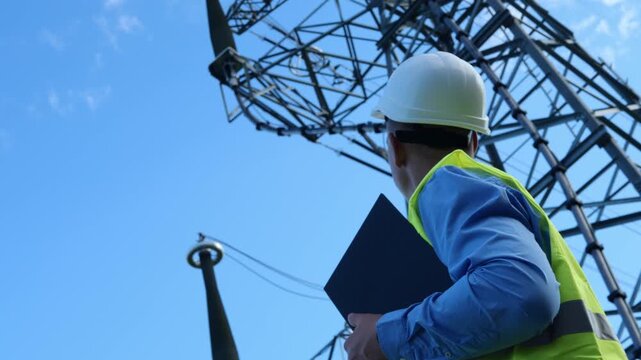 An energy engineer with a white helmet, reflective vest, and tablet examines an electric tower and wires. This energy engineer is dedicated to safe and efficient power system management.