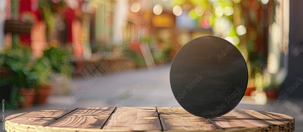Aufkleber round table with a blank black sign board set against a blurry background providing copy space image