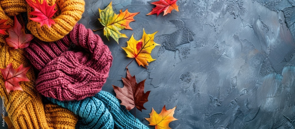 Poster In fall cozy sweaters are complemented by colorful leaves in a beautifully intertwined display capturing the essence of the season in a remarkable copy space image