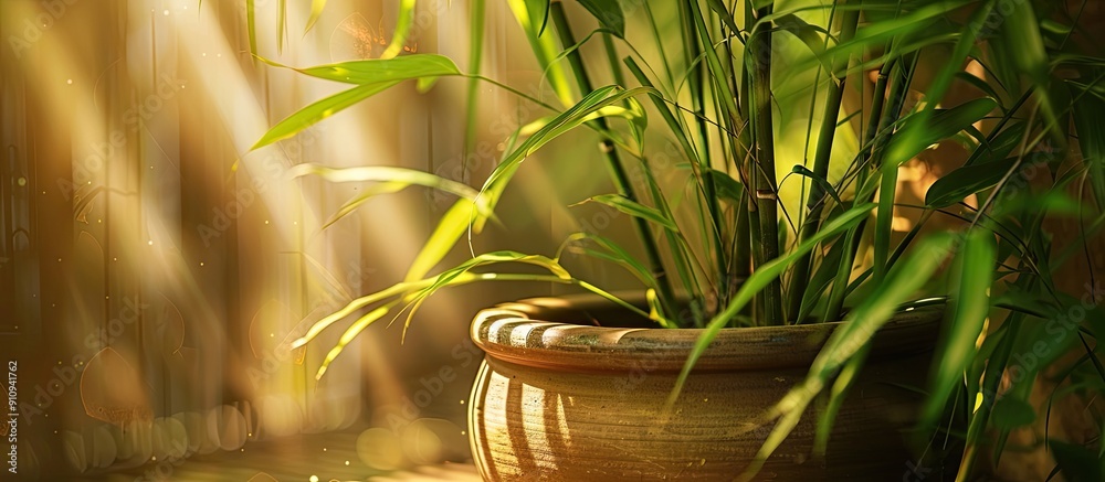 Aufkleber Zen ambiance is reflected through bamboo leaves in a clay pot enhancing the tranquility of the space with a calming presence perfect for a copy space image